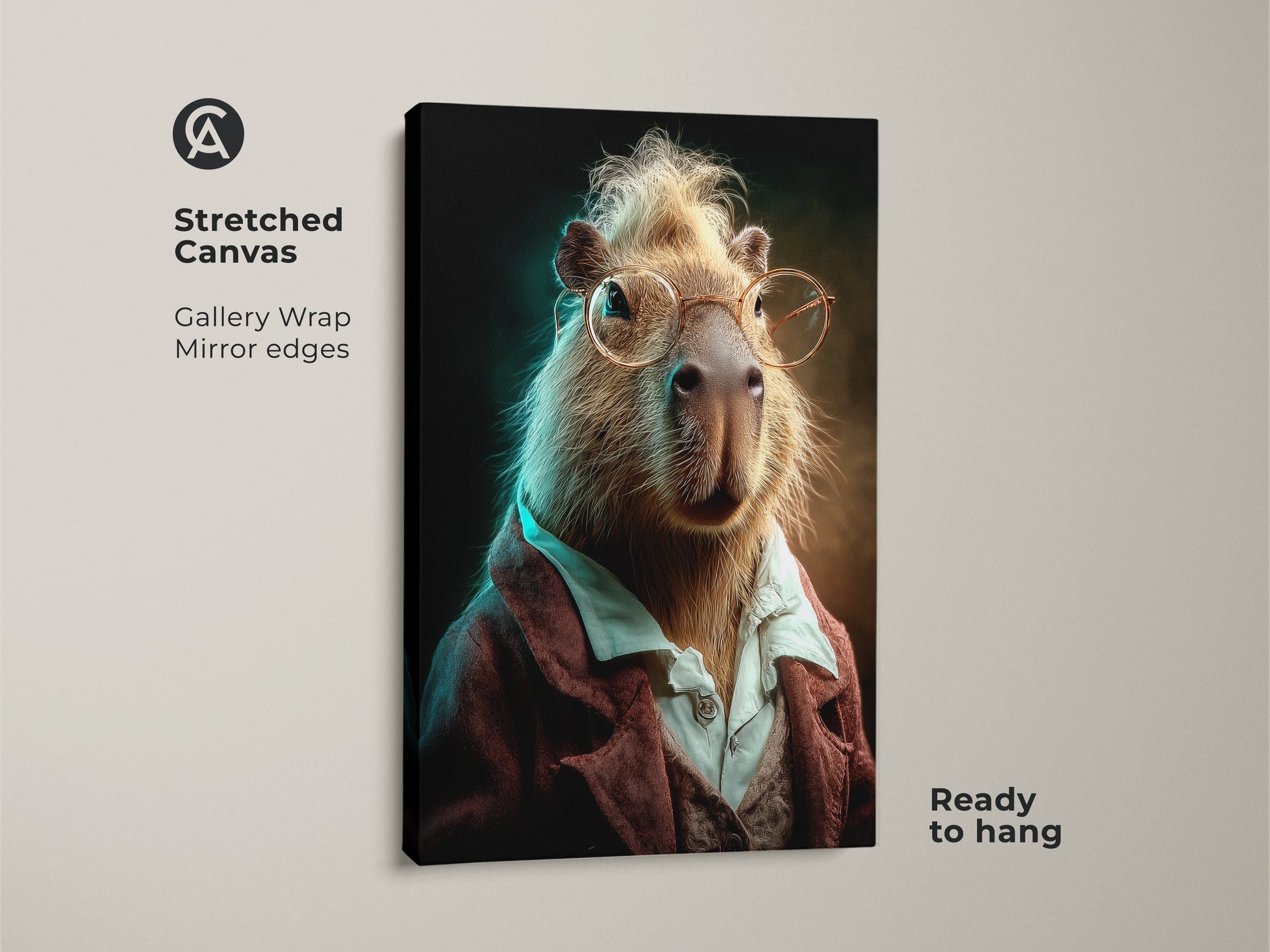 Stretched canvas of a capybara art print. This gallery wrap is ready to hang. Mirror edges showcase a funny animal portrait. It's quirky art for home decor and an animal lover gift