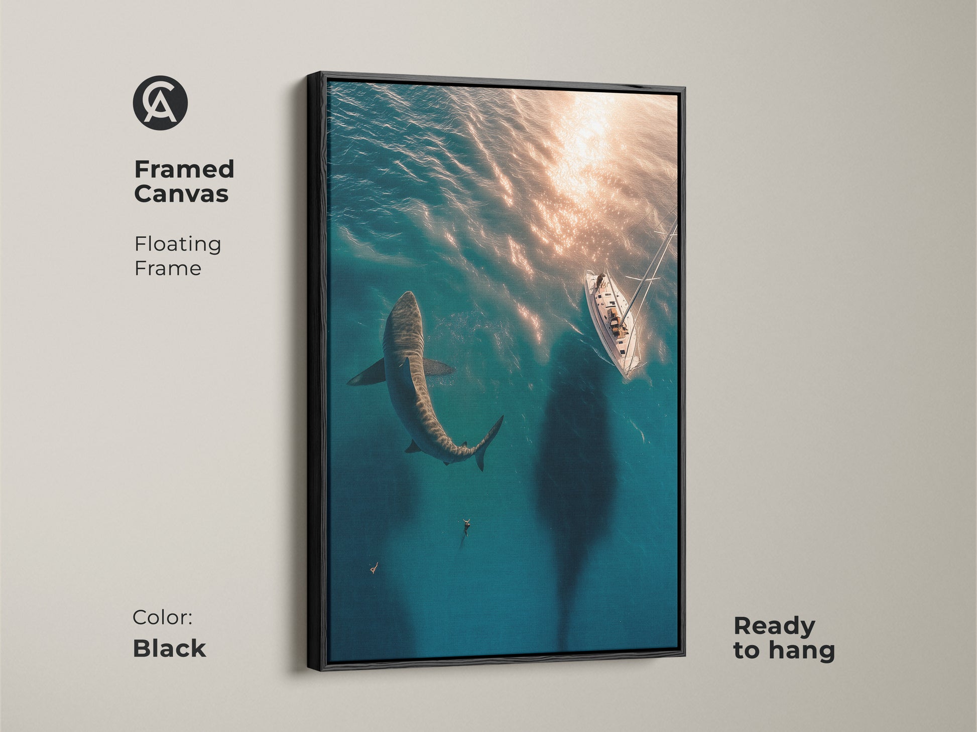 Framed canvas showcasing a great white shark and sailboat. Black floating frame enhances this deep sea wildlife artwork. Ready to hang this blue ocean wall hanging adds modern art to any office or den. Coastal adventure art.