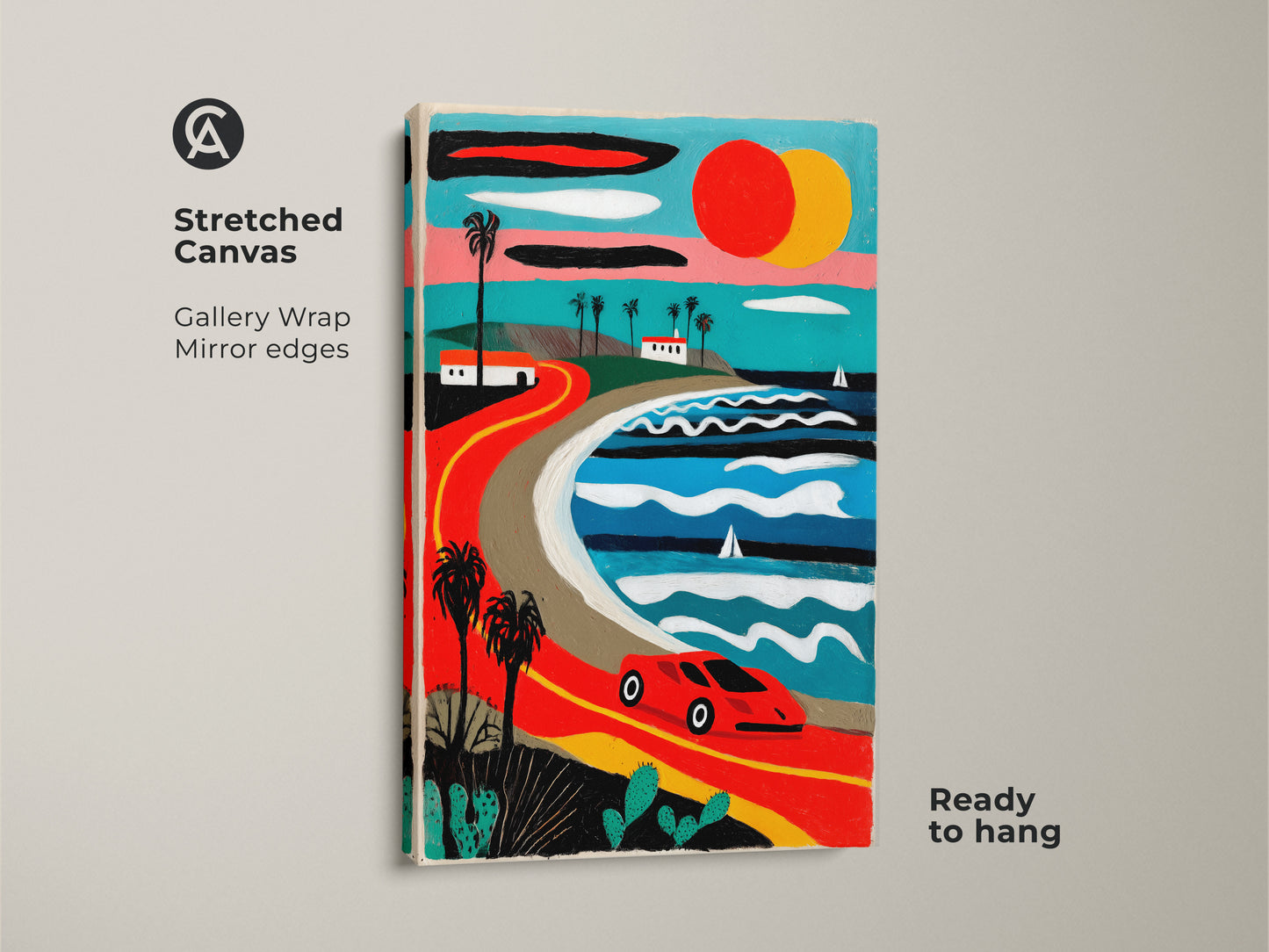 Stretched canvas art print displays a vibrant coastal road trip scene. The gallery-wrapped canvas features a red retro car driving by palm trees. This mid-century modern artwork is ready to hang bringing retro and Boho charm. Ideal for art lovers and car enthusiasts.
