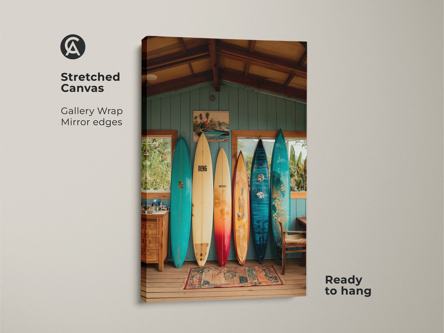 A stretched canvas art print shows a beach house interior. Several vintage surfboards are lined up. This gallery wrapped canvas has mirror edges. It is ready to hang and will enhance any room with a coastal vibe.