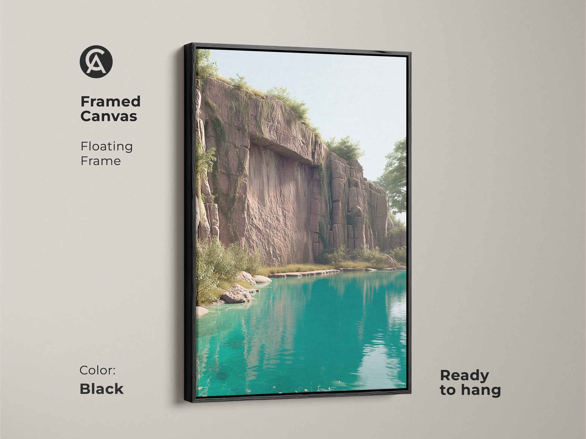 Framed canvas art in a black floating frame showcasing a turquoise lake and cliff. This contemporary artwork is ready to hang. It adds a touch of nature to any room. The cliff face teal lake art print brings calm and beauty. Perfect for modern home decor.