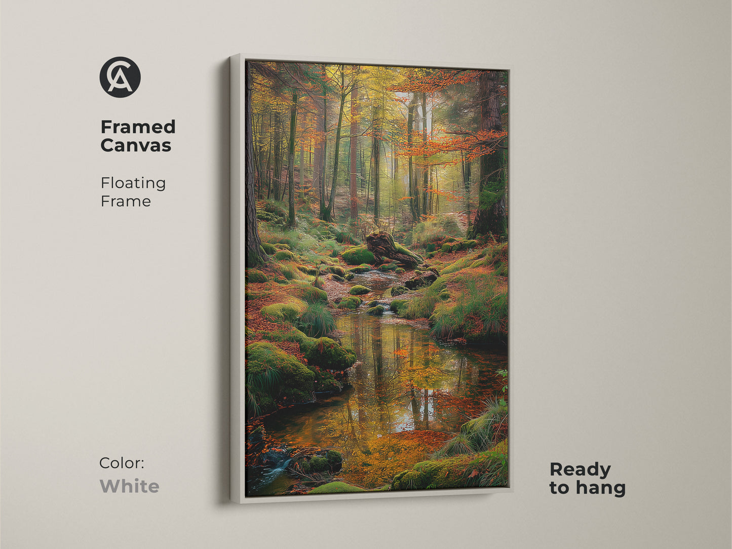 White framed canvas art of a forest stream. The clean white frame enhances the vibrant colors of the forest scene. Ready to hang and easy to integrate into any decor. A perfect piece for a modern minimalist aesthetic.