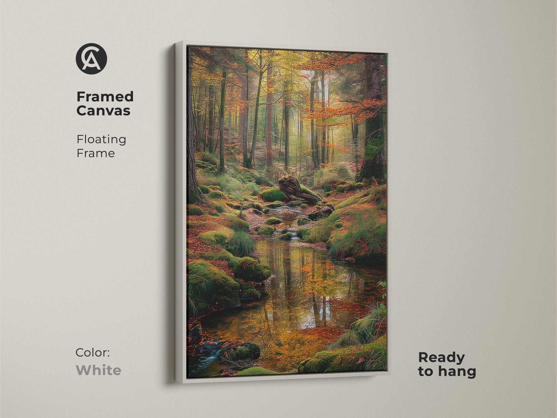 White framed canvas art of a forest stream. The clean white frame enhances the vibrant colors of the forest scene. Ready to hang and easy to integrate into any decor. A perfect piece for a modern minimalist aesthetic.