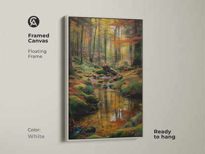 White framed canvas art of a forest stream. The clean white frame enhances the vibrant colors of the forest scene. Ready to hang and easy to integrate into any decor. A perfect piece for a modern minimalist aesthetic.