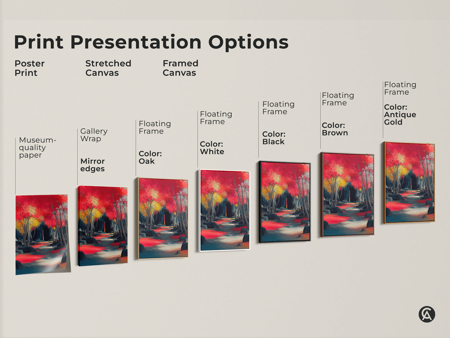 Explore diverse print options for the crimson red teal landscape. Choose from poster prints stretched canvases or framed canvas art. Each artwork features an impressionistic pathway and ancient ruins. Perfect for travel enthusiasts.