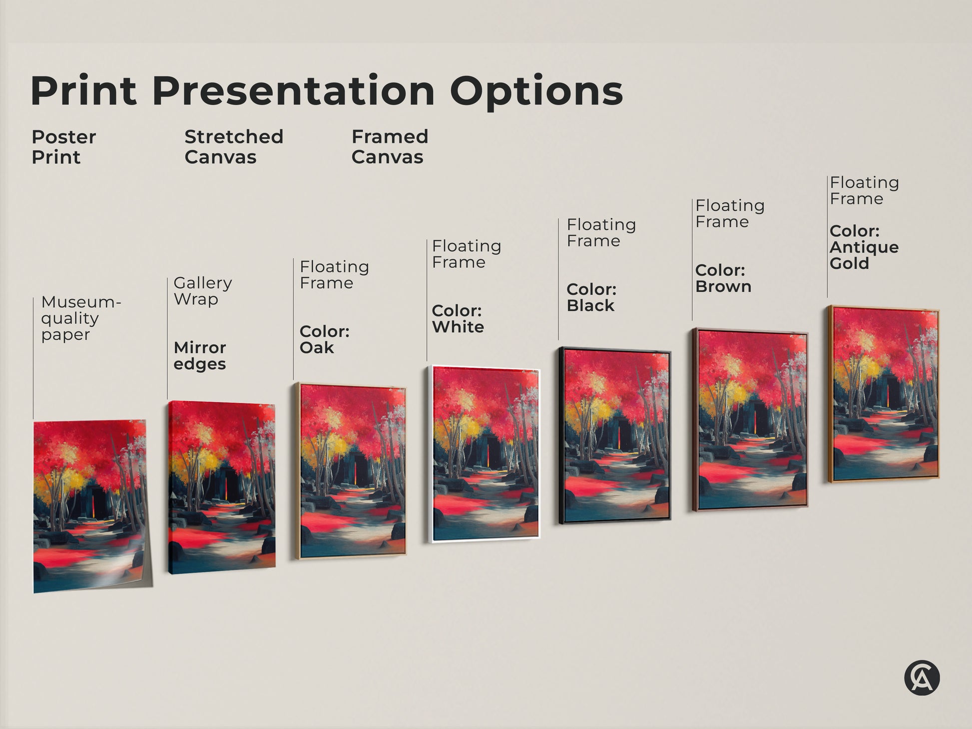 Explore diverse print options for the crimson red teal landscape. Choose from poster prints stretched canvases or framed canvas art. Each artwork features an impressionistic pathway and ancient ruins. Perfect for travel enthusiasts.