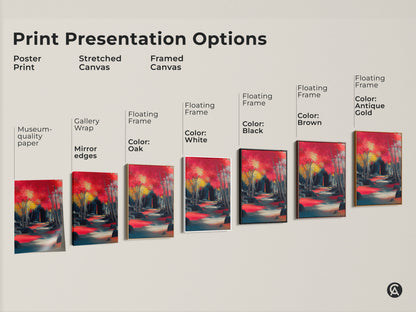 Explore diverse print options for the crimson red teal landscape. Choose from poster prints stretched canvases or framed canvas art. Each artwork features an impressionistic pathway and ancient ruins. Perfect for travel enthusiasts.