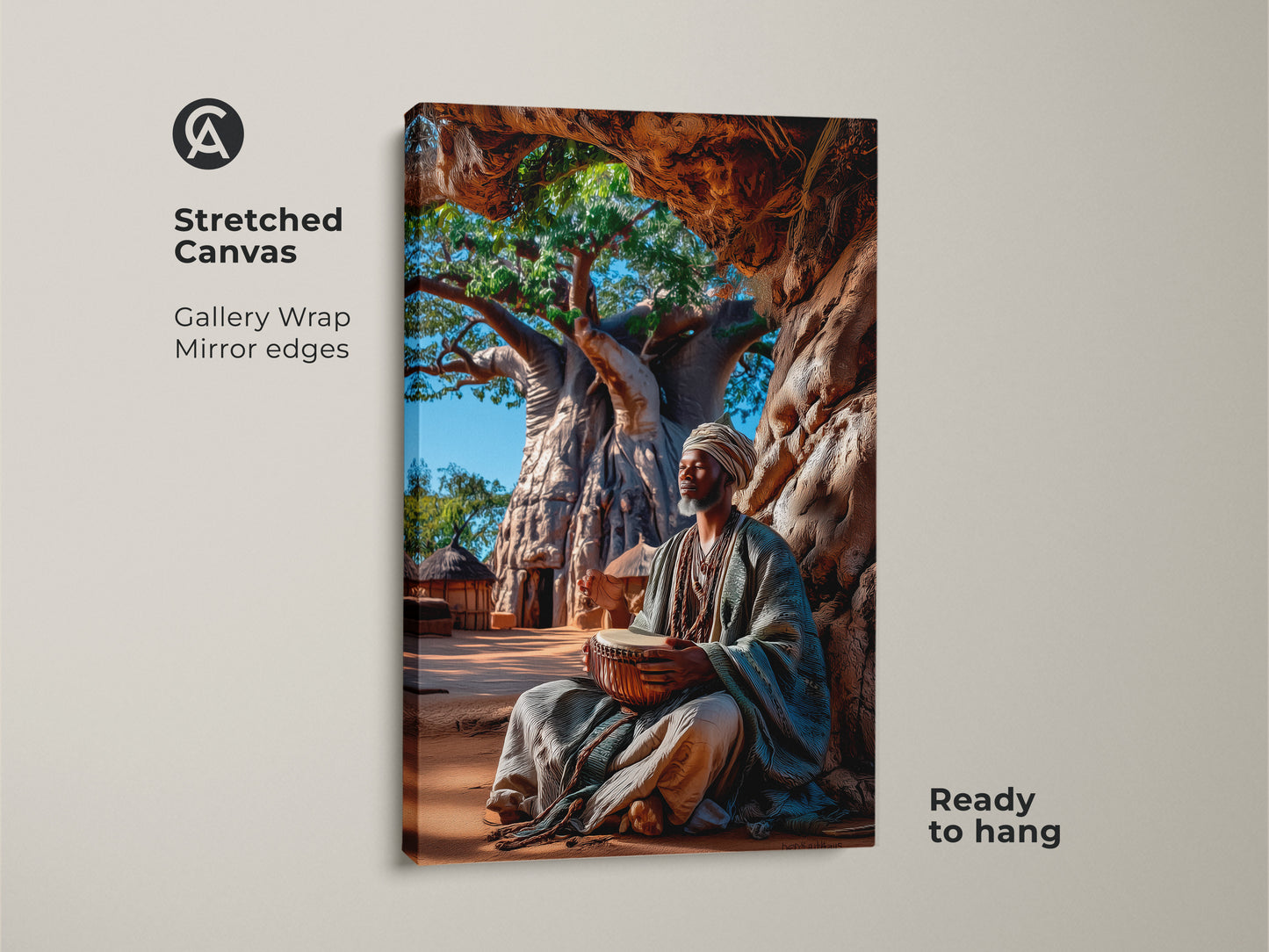 Stretched canvas print featuring an African man drumming under a baobab tree. Gallery wrapped with mirror edges it's ready to hang. Boho home decor meets cultural wall hanging in this art piece. Earth tone canvas art brings a natural rustic feel to any room.