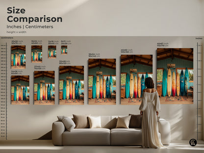A size comparison for surfboard art prints. Inches and centimeters are shown. Visualize artwork sizes for your space. Choose from 20x30 to 45x67 inches. Find the perfect beach art canvas or poster.