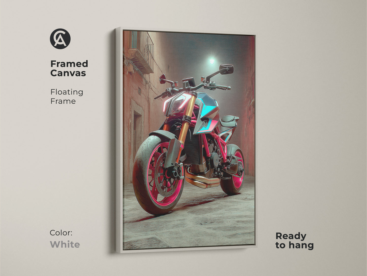 A Framed Canvas with a Cyberpunk Motorcycle and a white floating frame. This edgy wall art decor is ready to hang. The red pink and teal colors of this futuristic vehicle artwork makes a great gift for motorcycle lovers.