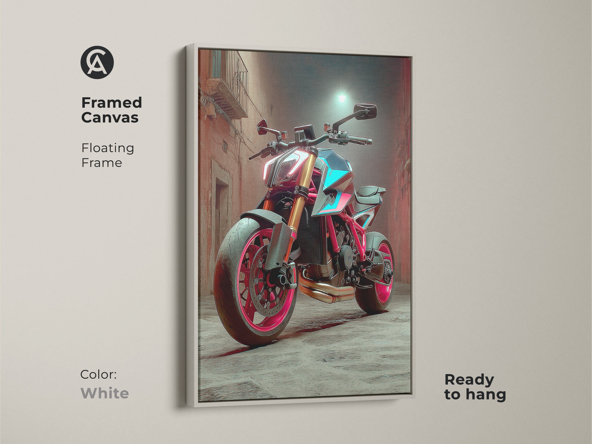 A Framed Canvas with a Cyberpunk Motorcycle and a white floating frame. This edgy wall art decor is ready to hang. The red pink and teal colors of this futuristic vehicle artwork makes a great gift for motorcycle lovers.