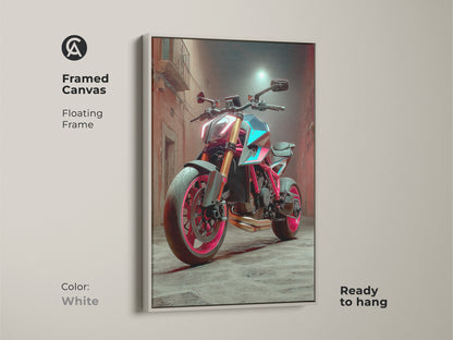 A Framed Canvas with a Cyberpunk Motorcycle and a white floating frame. This edgy wall art decor is ready to hang. The red pink and teal colors of this futuristic vehicle artwork makes a great gift for motorcycle lovers.