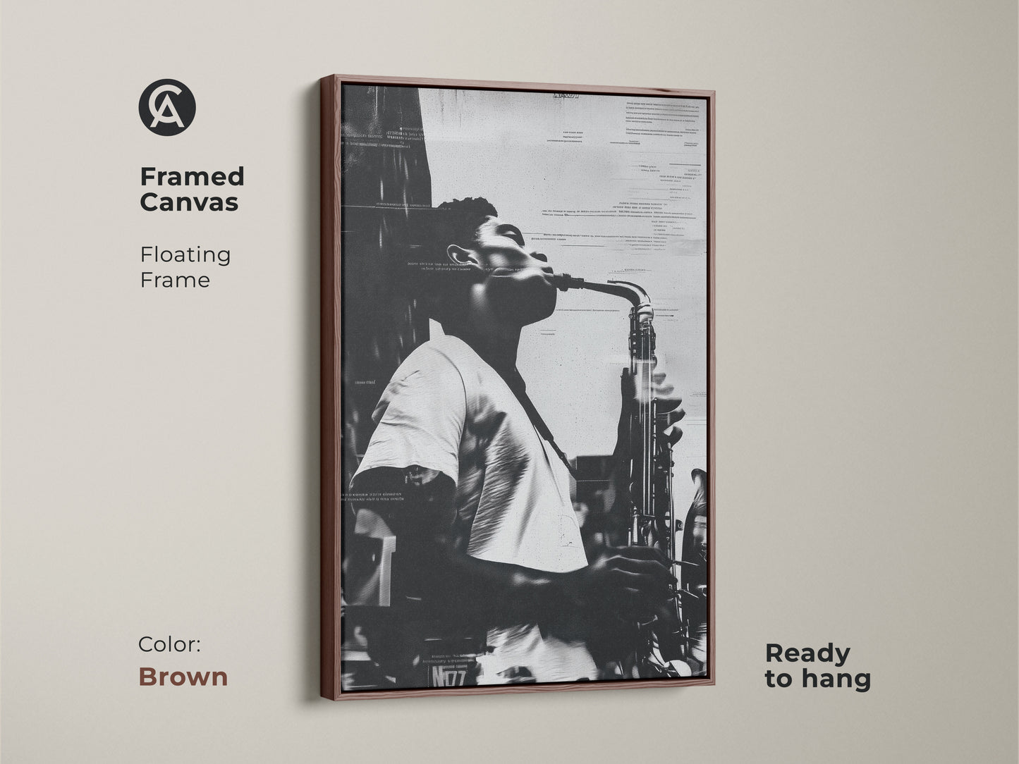 Framed canvas artwork featuring a musician playing saxophone. The brown floating frame adds a touch of warmth. This black and white musical art is ready to hang. Ideal for jazz enthusiasts and art collectors.