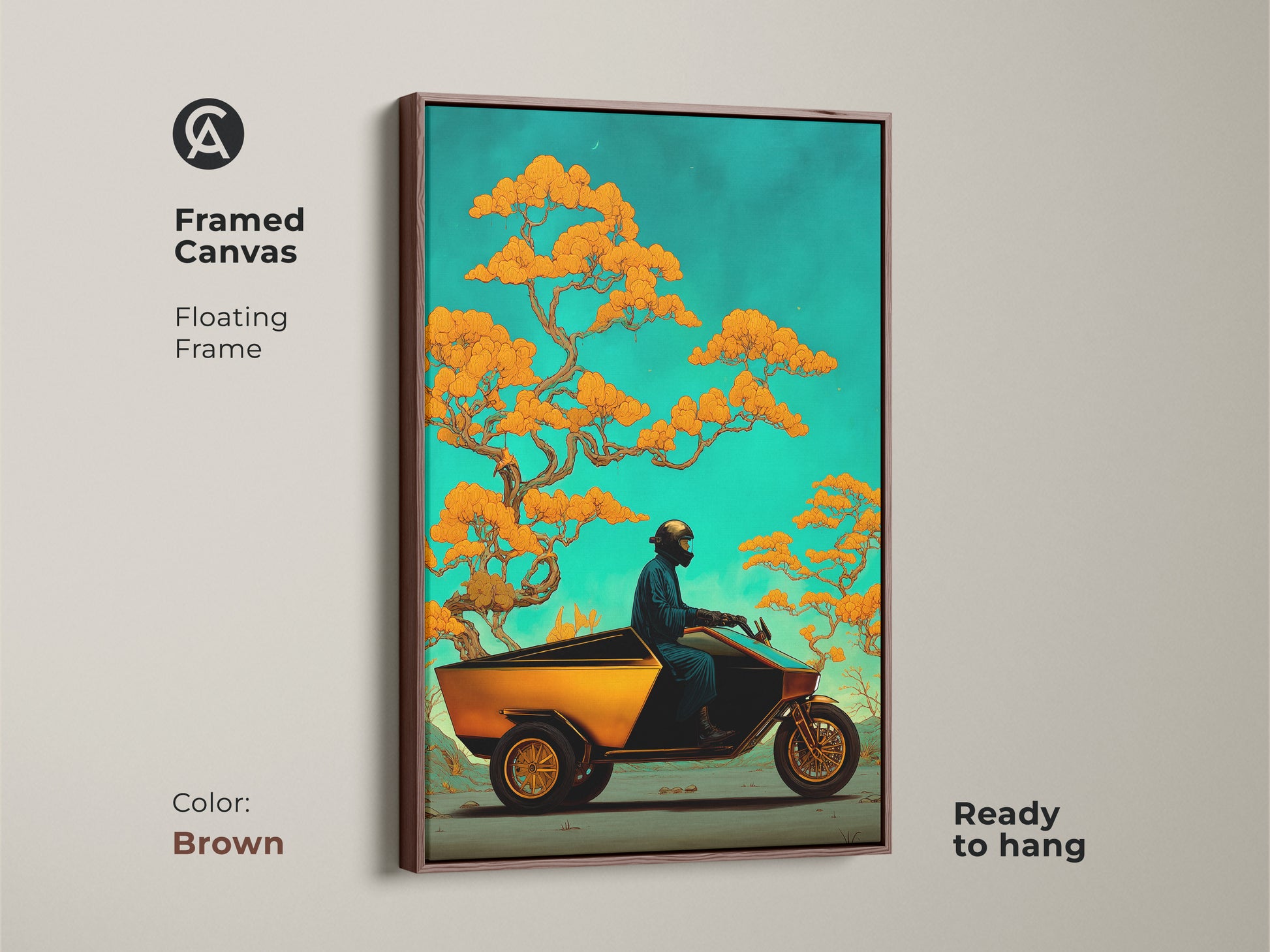 Enhance your space with this framed canvas featuring a surreal trike and bonsai artwork. A brown floating frame highlights this orange teal fantasy piece. Ready to hang bringing eclectic adventure decor.
