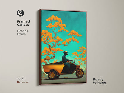 Enhance your space with this framed canvas featuring a surreal trike and bonsai artwork. A brown floating frame highlights this orange teal fantasy piece. Ready to hang bringing eclectic adventure decor.