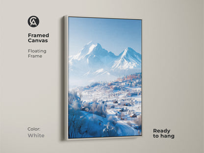 Framed canvas featuring a snowy mountain landscape. The artwork has a white floating frame. This framed art is ready to hang. The mountain artwork is perfect for adding a touch of elegance to your decor