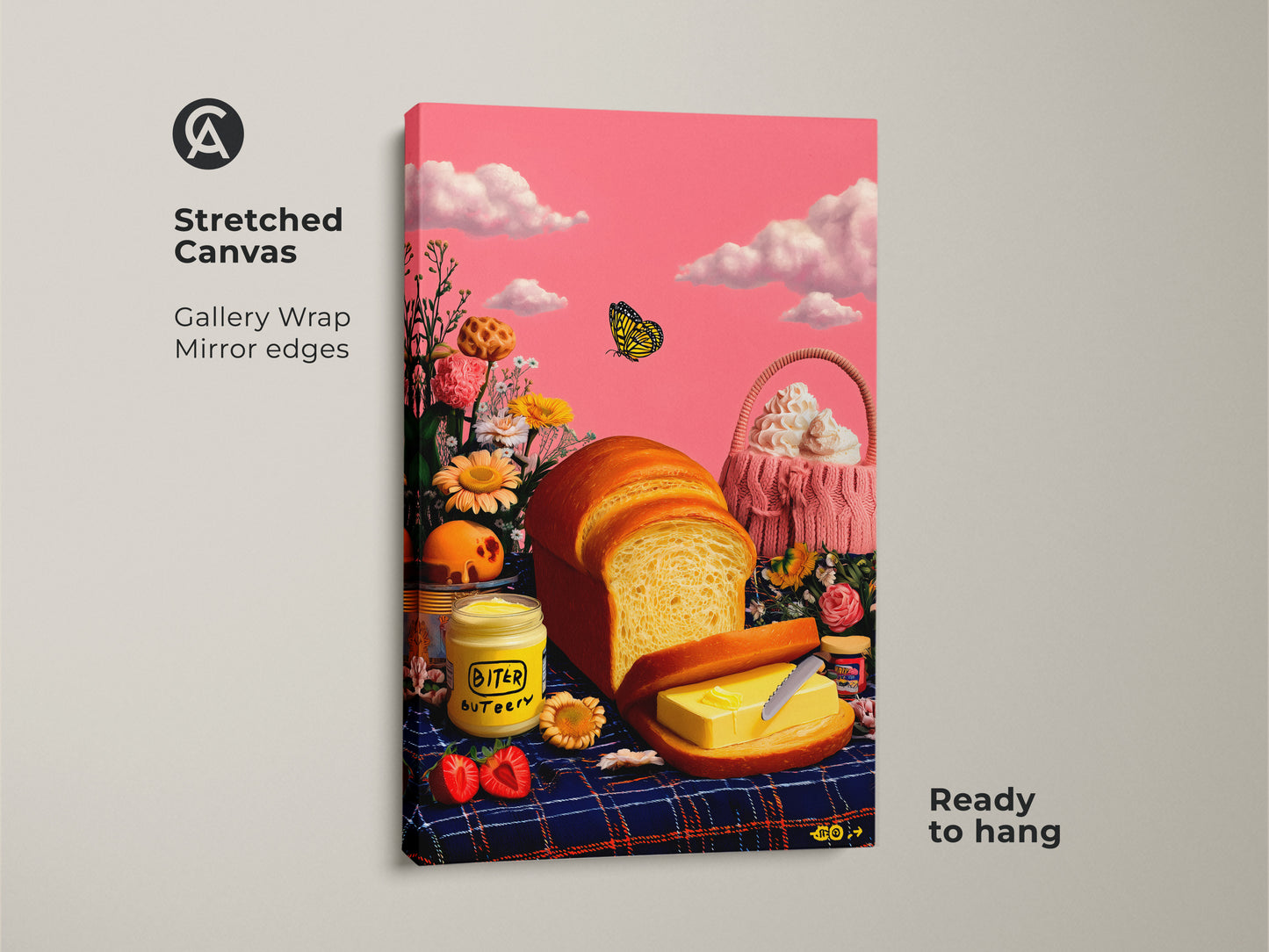 Stretched canvas featuring surreal bread and butter artwork ready to hang. This whimsical kitchen art shows mirror edges and gallery wrap. It displays a pink sky with a yellow butterfly adding charm.