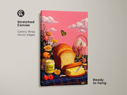 Stretched canvas featuring surreal bread and butter artwork ready to hang. This whimsical kitchen art shows mirror edges and gallery wrap. It displays a pink sky with a yellow butterfly adding charm.