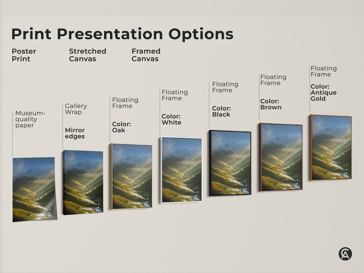Explore print presentation options for photorealistic Terrace Fields art. Choose from poster prints stretched canvas or framed canvas. Options include museum-quality paper and floating frames in various colors.