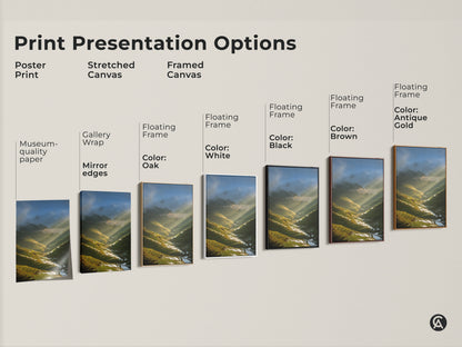 Explore print presentation options for photorealistic Terrace Fields art. Choose from poster prints stretched canvas or framed canvas. Options include museum-quality paper and floating frames in various colors.