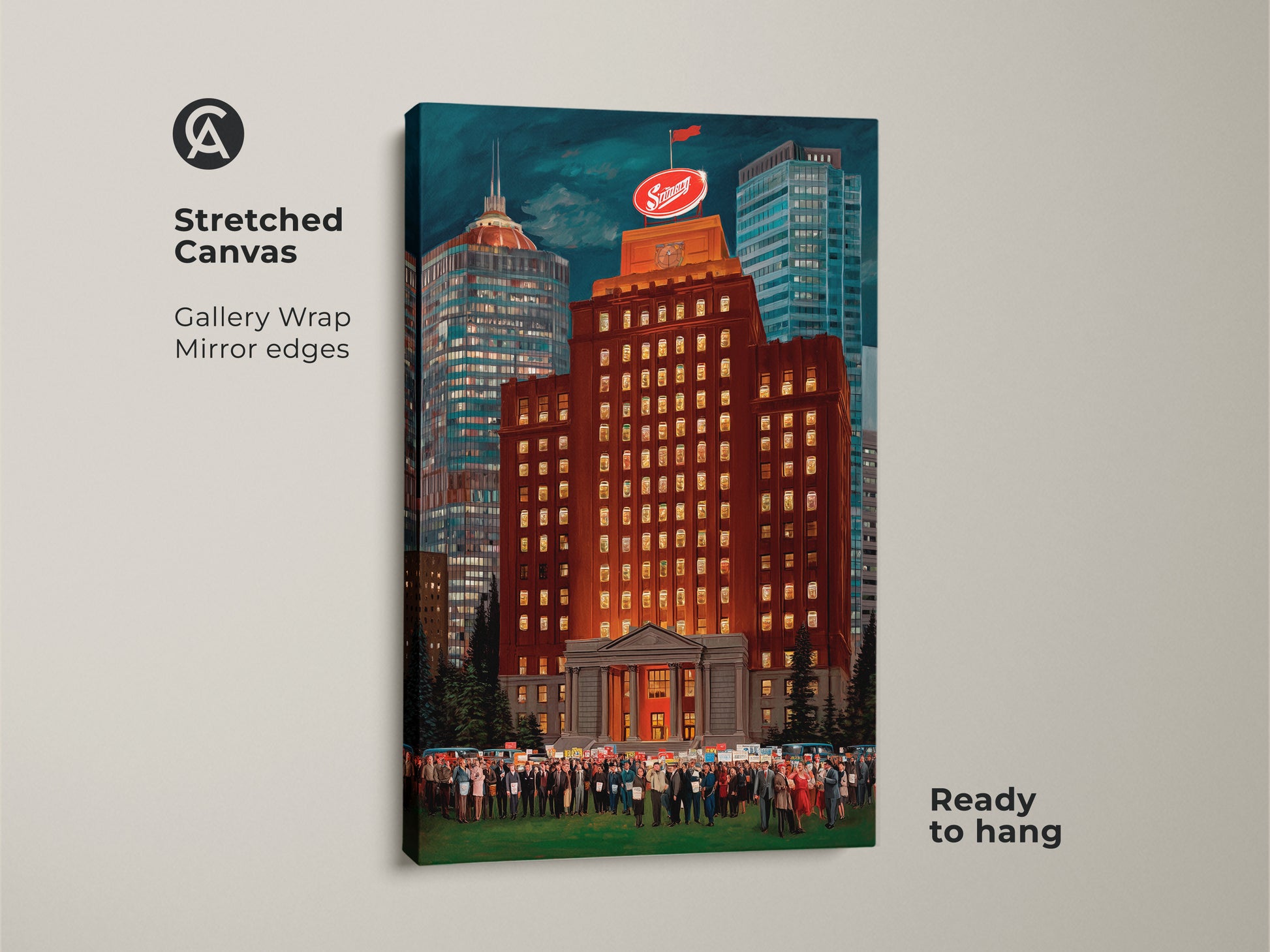 Stretched canvas featuring a burnt orange cityscape art print with gallery wrapped edges. The golden yellow skyline artwork showcases a crowd gathered in front of a building. Ready to hang this piece is great for urban social commentary and realism.