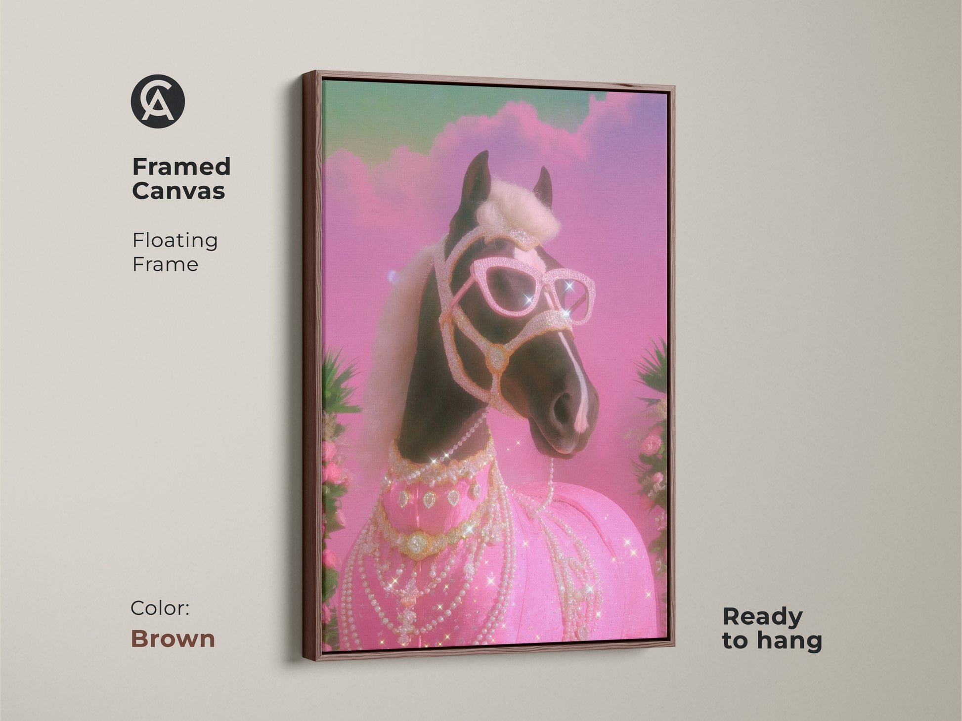 Framed Canvas featuring a Glam Horse with a brown floating frame. This pink teal horse print is a Y2K horse canvas. It adds a touch of animal glamour to any space. This diamond horse artwork is ready to hang. Ideal for eclectic decor and horse art enthusiasts.