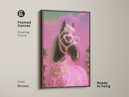 Framed Canvas featuring a Glam Horse with a brown floating frame. This pink teal horse print is a Y2K horse canvas. It adds a touch of animal glamour to any space. This diamond horse artwork is ready to hang. Ideal for eclectic decor and horse art enthusiasts.