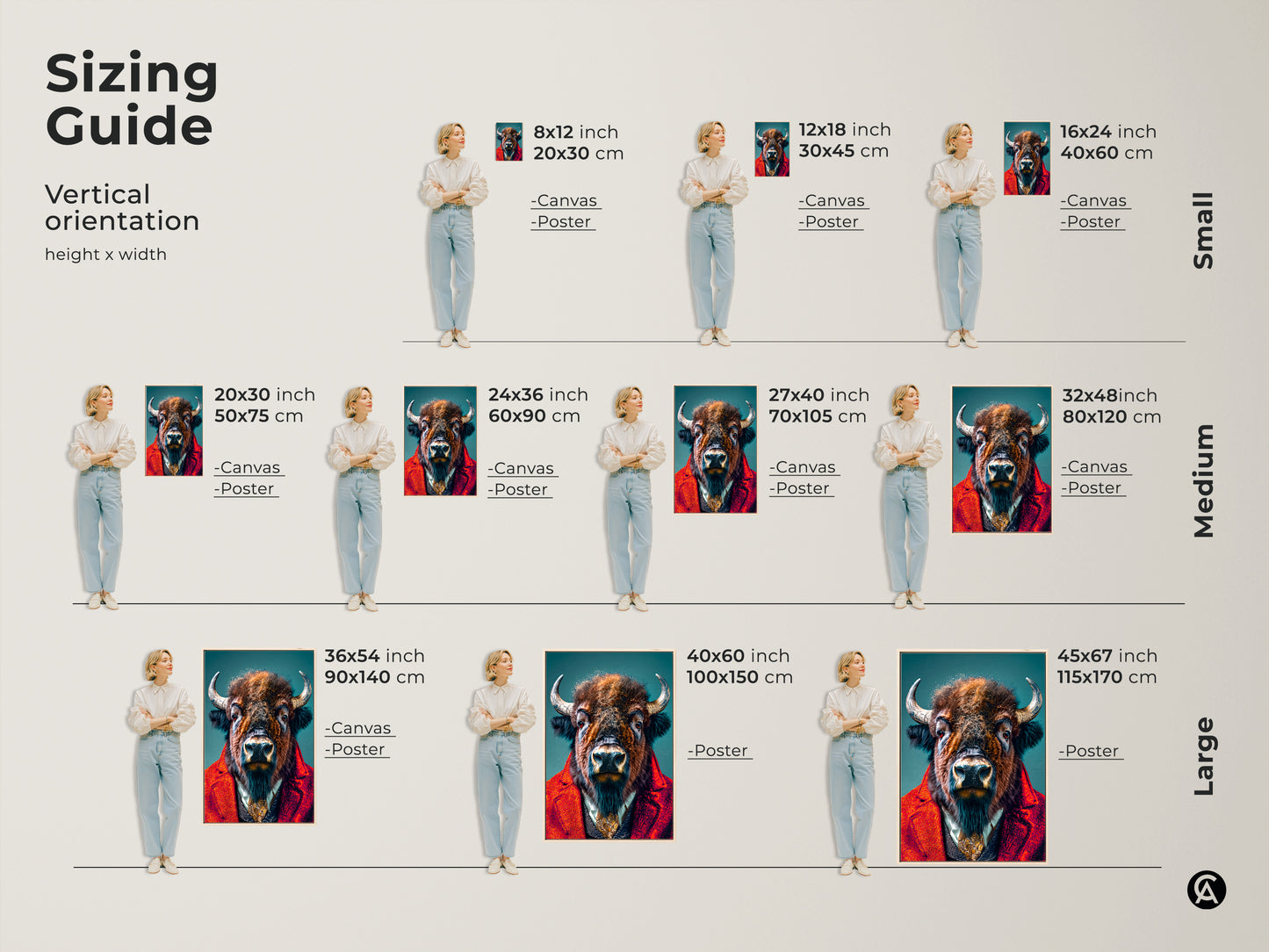 Sizing guide for vertical orientation buffalo artwork. Visualize the art in various sizes from small to large. See how canvas and poster options fit in different spaces. Find the perfect size to complement your home decor and wall art needs.
