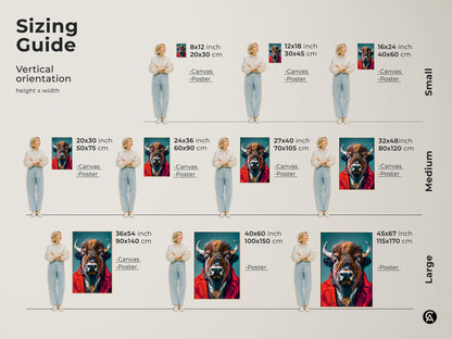 Sizing guide for vertical orientation buffalo artwork. Visualize the art in various sizes from small to large. See how canvas and poster options fit in different spaces. Find the perfect size to complement your home decor and wall art needs.
