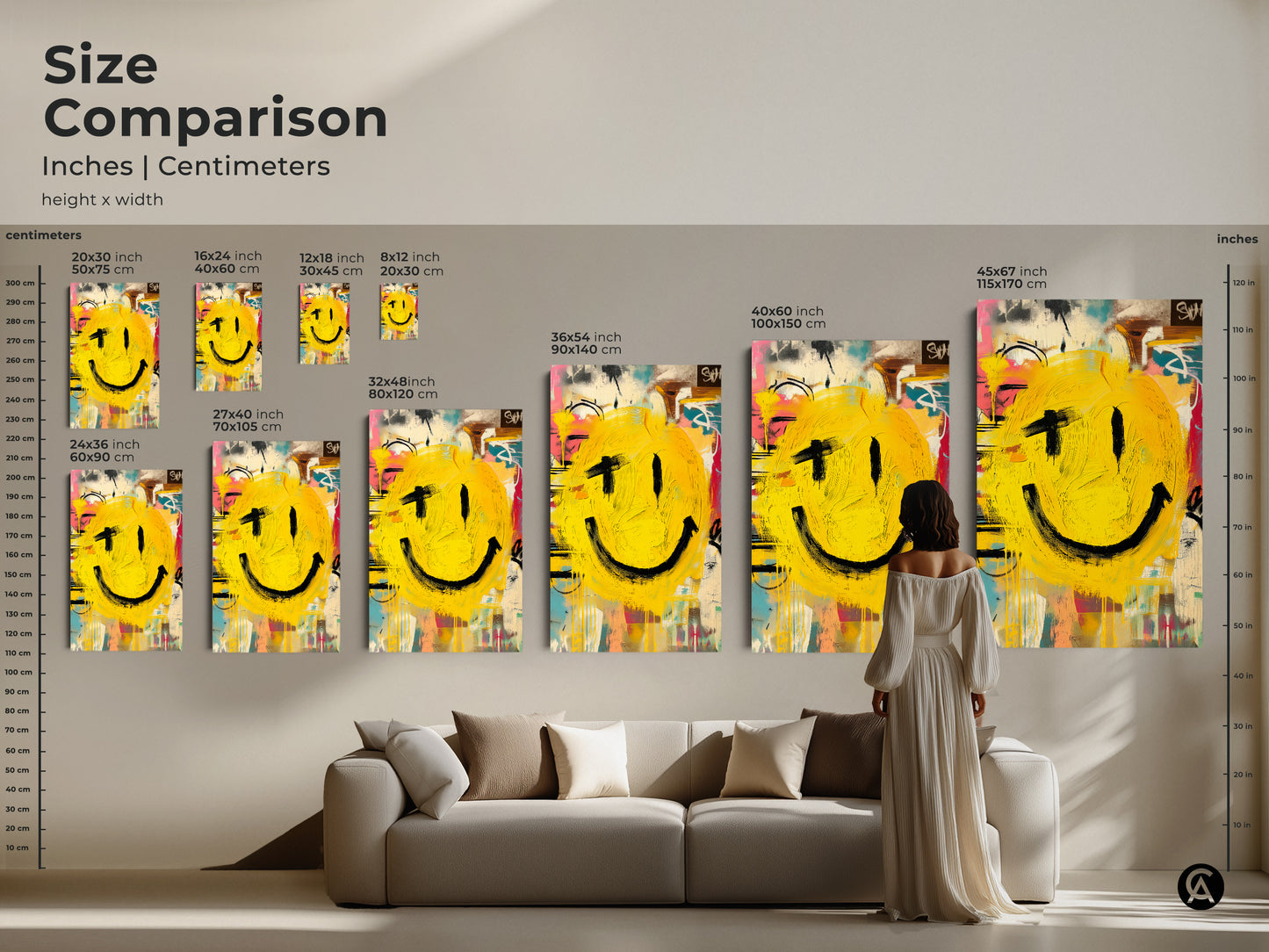 Compare sizes and find the ideal fit for your smiley face artwork. Our size comparison guide helps you visualize the art in your space. Available in inches and centimeters this piece comes in various dimensions. See how this cheerful art enhances your home decor. Shop now and find the perfect size