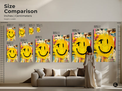 Compare sizes and find the ideal fit for your smiley face artwork. Our size comparison guide helps you visualize the art in your space. Available in inches and centimeters this piece comes in various dimensions. See how this cheerful art enhances your home decor. Shop now and find the perfect size