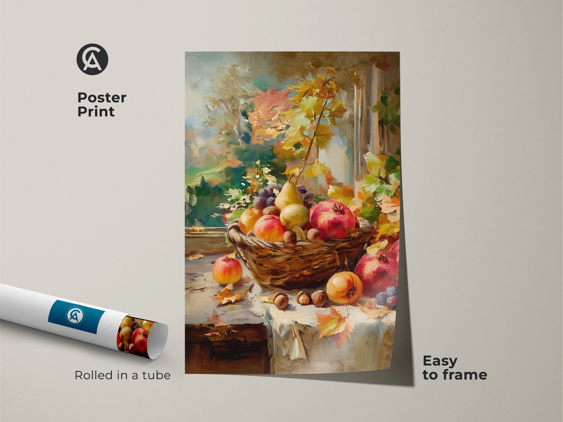 Poster print of a still life oil painting featuring autumn fruits. Pears pomegranates grapes and nuts fill a basket by the window. Easy to frame museum-quality paper. A classic piece of wall art for any room in your home.