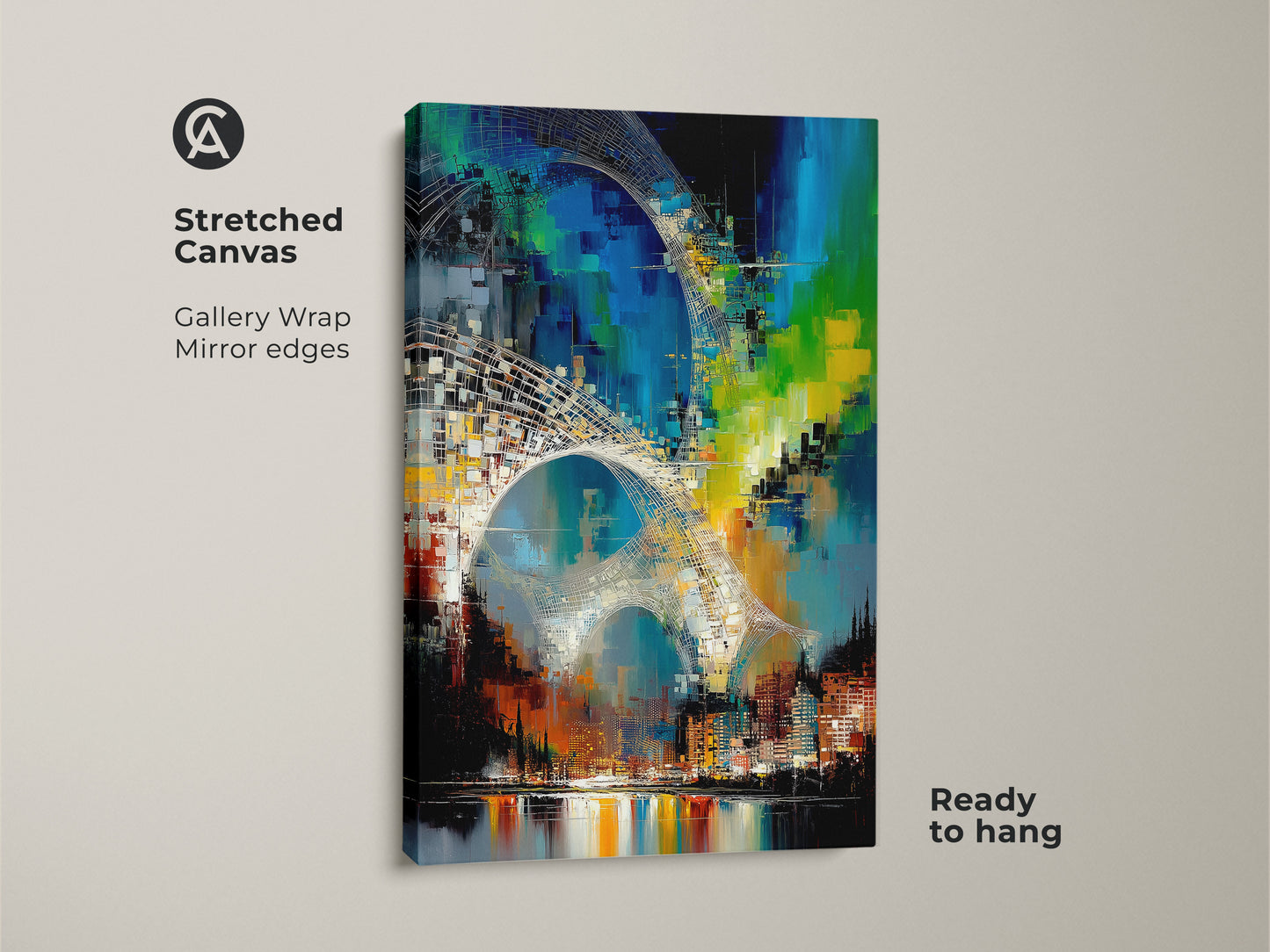 A ready to hang stretched canvas. Showcasing blue green abstract cityscape art with mirror edges. The teal skyline print enhances contemporary office walls. The abstract architecture art offers a vibrant city view. Ideal for those who love abstract art for their living room.