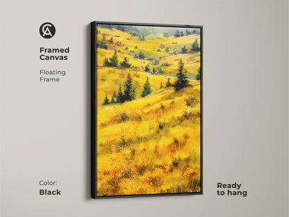 Framed canvas art showing a golden yellow and green landscape. This modern farmhouse wall art is ready to hang. The floating frame adds a touch of elegance. The black frame enhances the expressive wall art. Perfect for living room decor.