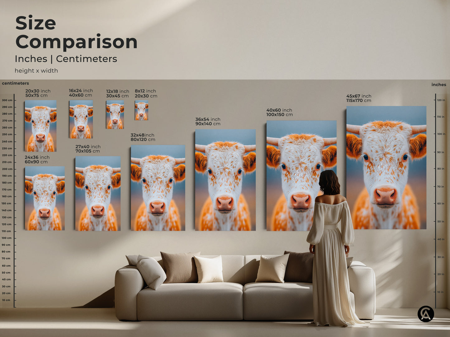 Size comparison of longhorn calf art. See the art in inches and centimeters. Various sizes are displayed. Envision how the artwork will look in your room. Find the perfect size for your space.