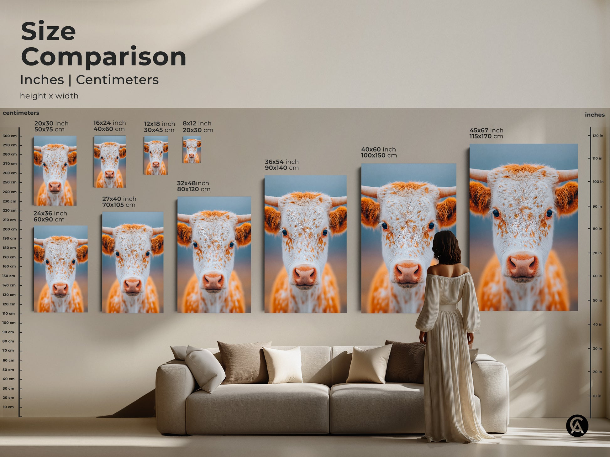 Size comparison of longhorn calf art. See the art in inches and centimeters. Various sizes are displayed. Envision how the artwork will look in your room. Find the perfect size for your space.