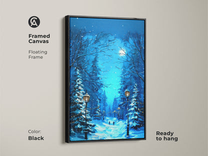 Framed canvas with a deep blue snowy forest artwork ready to hang. A black floating frame enhances the moonlit winter landscape with street lamps. This winter forest canvas art adds a cozy Christmas decor to any space. Ideal for winter lovers seeking residential wall art. The snow covered trees art captures the season