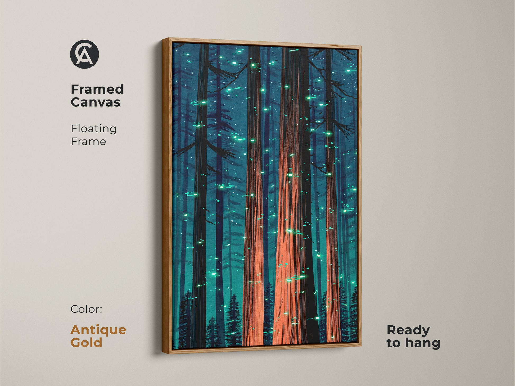 Framed canvas displaying fantasy nature artwork. An antique gold floating frame highlights glowing trees. The teal and orange print brings an eclectic touch. Elevate your decor with this housewarming gift artwork.