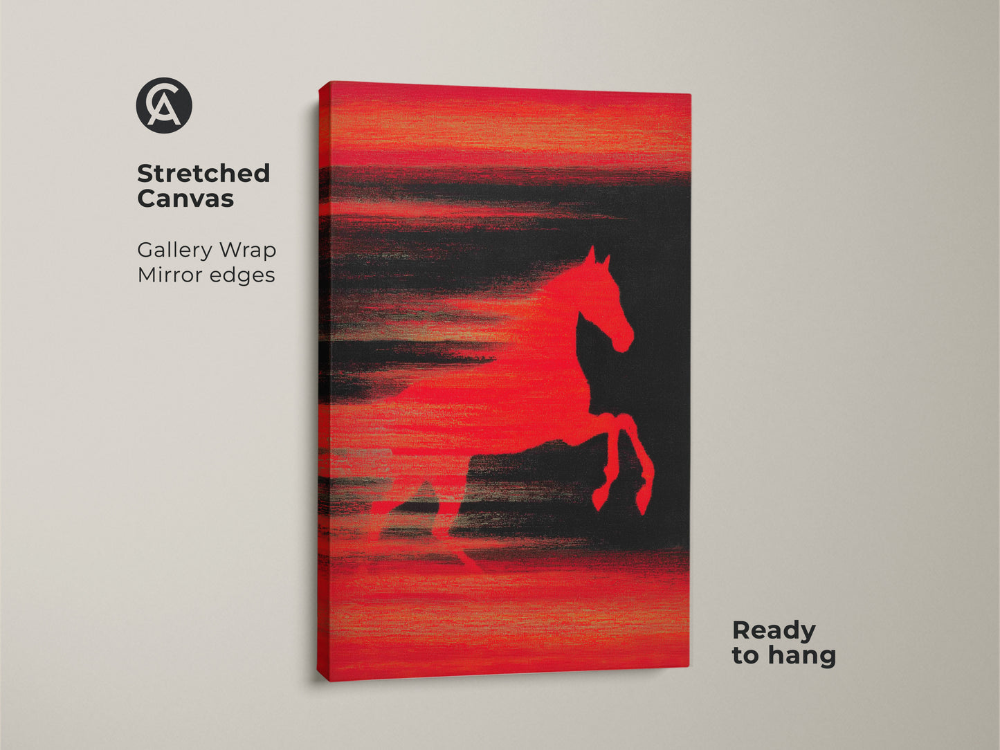 Stretched Canvas Abstract Horse Wall Art. A vibrant red horse is set against a dark textured background. This modern animal artwork is ready to hang. It features gallery-wrapped edges. This contemporary canvas print adds a powerful sense of movement to bedrooms offices or living areas.