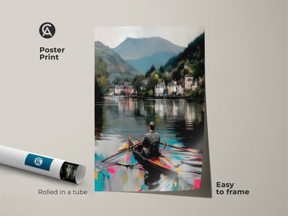 Impressionistic landscape art poster print rolled in a tube. Easy to frame coastal village wall art features a scenic rowboat. Deep blue teal colors in the expressive scenery print enhance any room as decor.