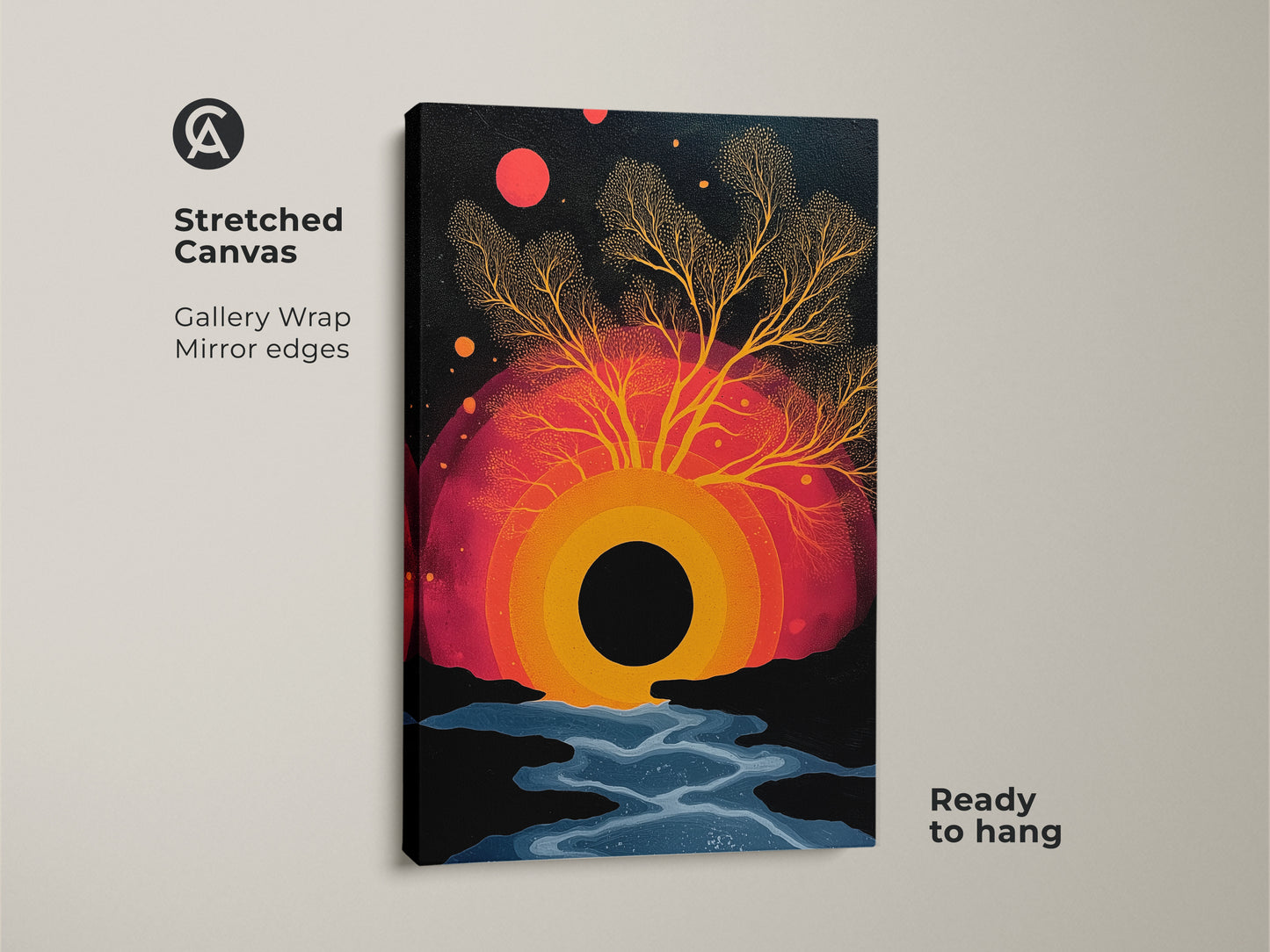 Stretched canvas art featuring an abstract surreal tree. This nature inspired artwork has gallery wrapped mirror edges. The canvas is ready to hang. The wall art features a black circle under a vibrant sunset. Red orange colors create an eclectic bedroom decor. A modern statement for art lovers.
