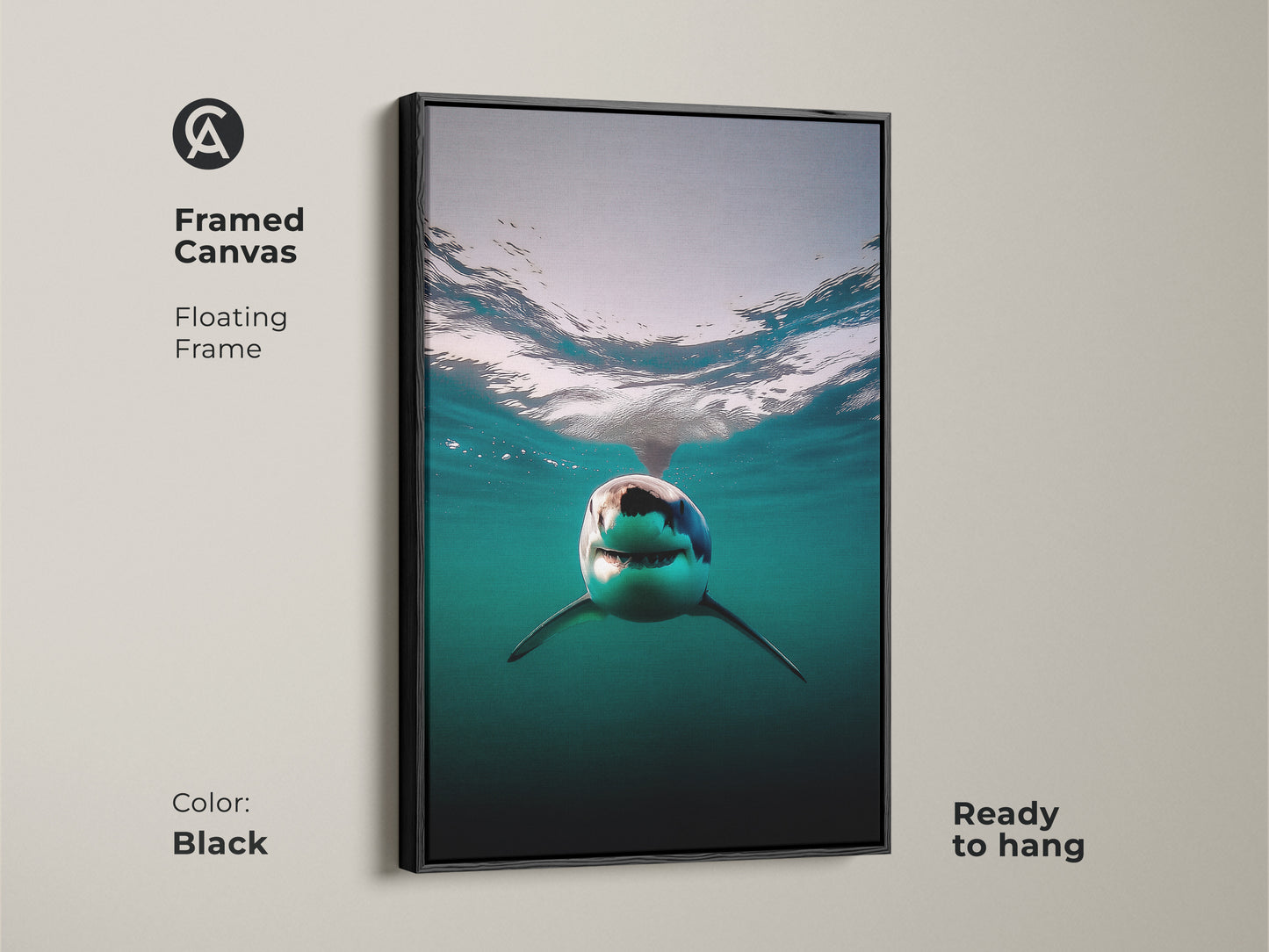 A framed canvas featuring a great white shark underwater. This ocean wildlife art is ready to hang. A black floating frame enhances the deep blue sea canvas. Perfect contemporary shark artwork for a coastal living room. A unique gift for divers and ocean enthusiasts.