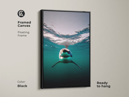 A framed canvas featuring a great white shark underwater. This ocean wildlife art is ready to hang. A black floating frame enhances the deep blue sea canvas. Perfect contemporary shark artwork for a coastal living room. A unique gift for divers and ocean enthusiasts.