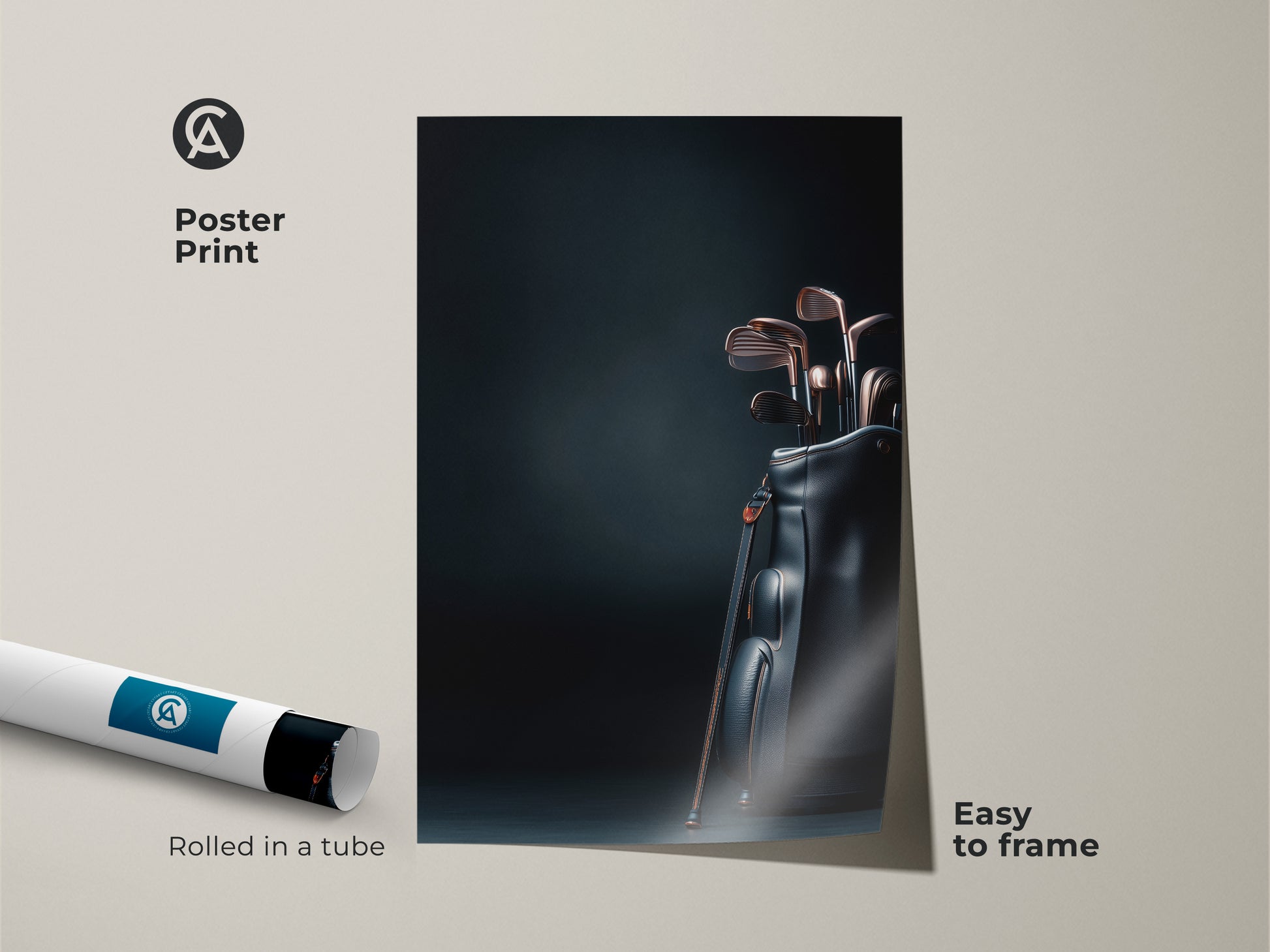 A poster print showcasing golf clubs in a sleek black bag. The dark background creates a modern feel. This sports themed artwork comes rolled in a tube for easy framing. A perfect gift for golf lovers. Shop now.
