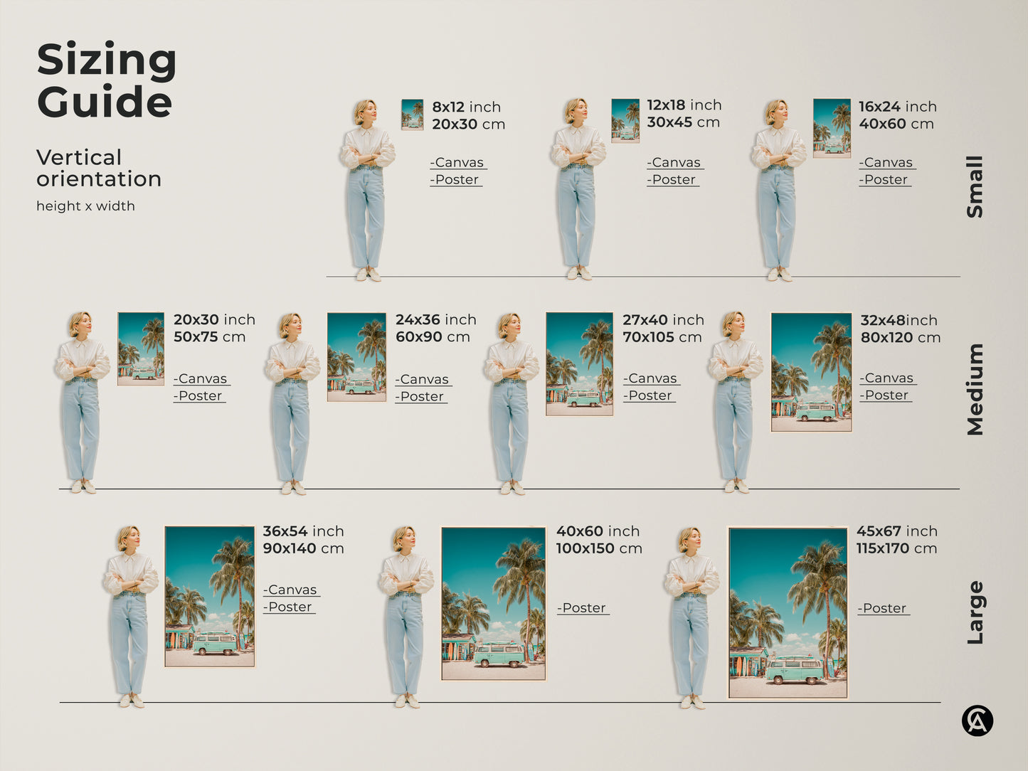 Sizing guide for beachside VW bus art. Vertical orientation options include canvas and poster prints. Available in small medium and large sizes to fit any space. Choose the perfect size for your home or office decor.