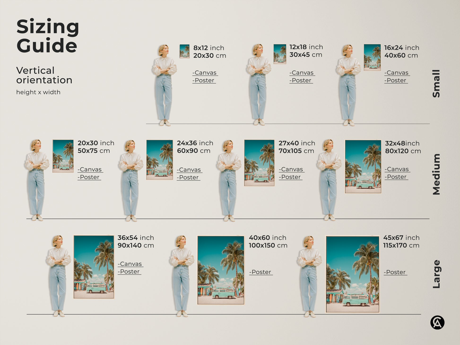 Sizing guide for beachside VW bus art. Vertical orientation options include canvas and poster prints. Available in small medium and large sizes to fit any space. Choose the perfect size for your home or office decor.