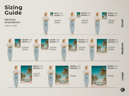 Sizing guide for beachside VW bus art. Vertical orientation options include canvas and poster prints. Available in small medium and large sizes to fit any space. Choose the perfect size for your home or office decor.