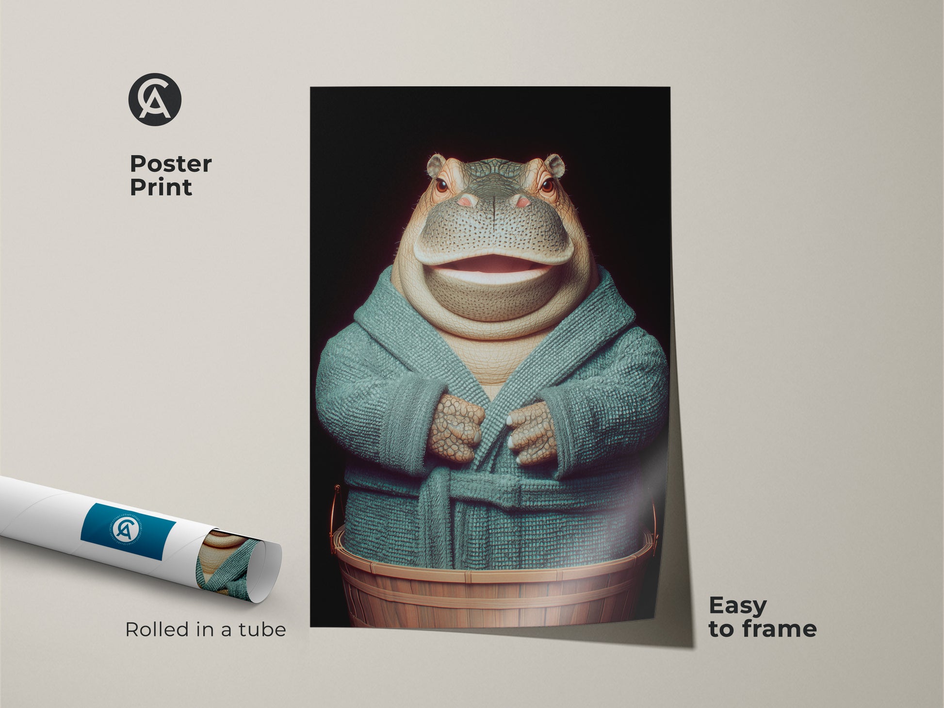 A poster print showcases a hippopotamus in a teal bathrobe. The art is easy to frame and adds character to any room. It's rolled in a tube making it a great gift. This unique artwork blends eclectic and modern aesthetics. The hippo is in a wooden tub ready for bath time. Sophisticated animal art for your home.
