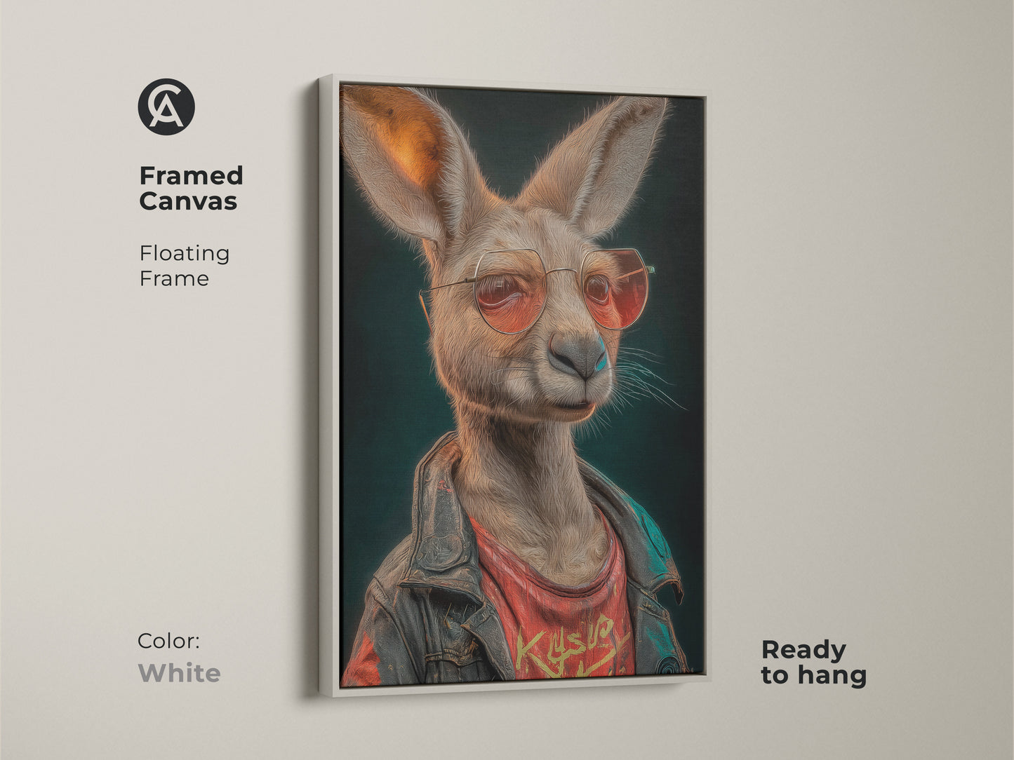 The framed canvas features a streetwear kangaroo in a white frame. This animal portrait poster is ready to hang. It's a cool gift for him. The floating frame adds to the aesthetic. This urban style wall art is unique.