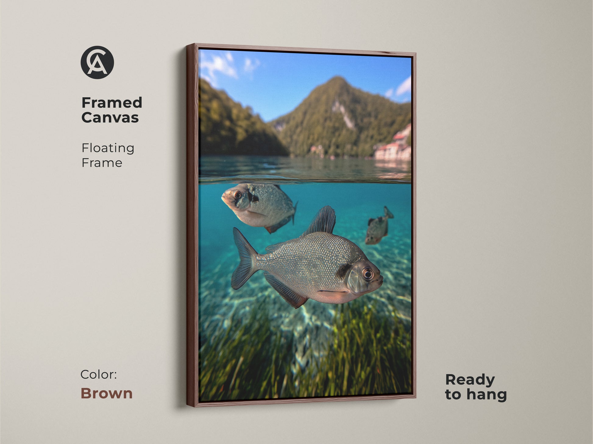 Framed Canvas with a brown floating frame. It features underwater fish in a lake scene. This coastal nature print is great wall art. The blue green animal artwork is ready to hang. An ideal fishing gift for anglers.